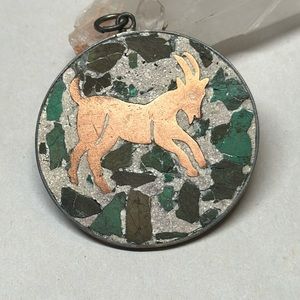 Vintage sterling Mexico Capricorn zodiac medallion pendant stone inlay